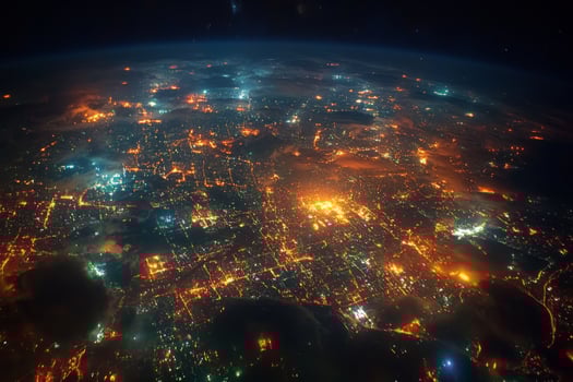 Vibrant city skyline illuminated at night with winding river and dramatic clouds photo