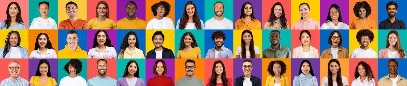A vibrant collection of portraits showcases happy, diverse individuals from around the world. Each face reflects joy and unity, creating a colorful mosaic of cultural richness and connection. photo