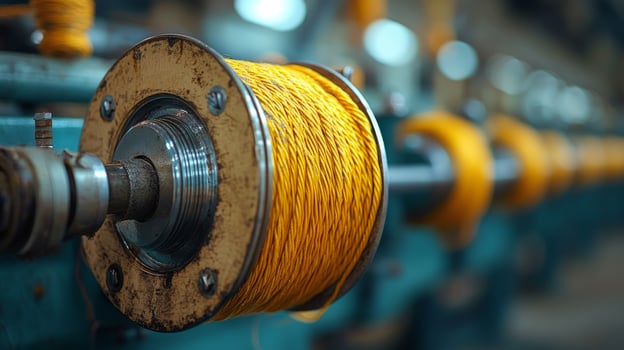 Vintage fishing reel with bright yellow line in rustic workshop setting photo