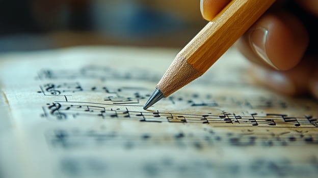 Creating musical notations with a pencil on sheet music for a new composition photo