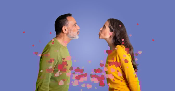 A couple enjoys a tender moment, kissing playfully while surrounded by floating hearts. They celebrate love and affection, embodying the spirit of St Valentine's Day together. photo