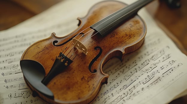 Violin resting on sheet music surrounded by glimmering lights during a serene evening photo