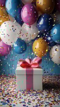 Colorful gift box surrounded by balloons and confetti at a festive celebration photo