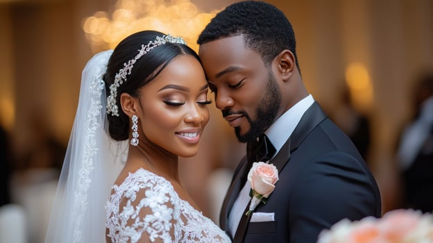 Elegant couple share a tender moment during their wedding ceremony in a beautifully decorated venue photo