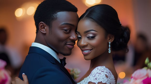 Elegant couple sharing a romantic moment during their wedding reception in a beautifully decorated venue photo