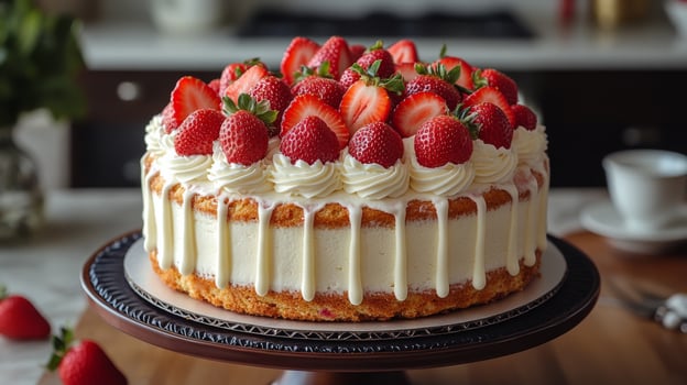 Fresh strawberry shortcake topped with whipped cream on wooden surface photo