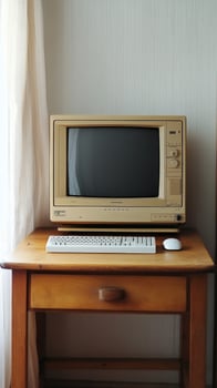 Vintage computer setup with monitor and keyboard on a wooden desk photo
