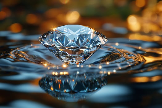 Brilliant diamond reflects light and sparkles on water surface photo