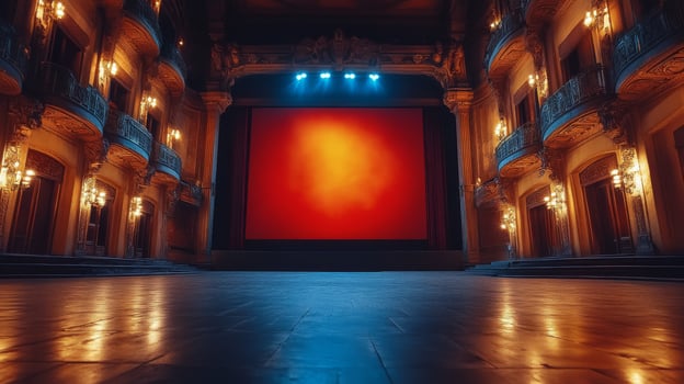 Vibrant interior of a modern cinematic venue with neon lighting and empty seats photo