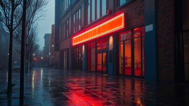 Urban night view of a glowing storefront on a rainy evening photo