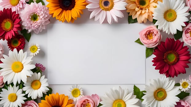 a white paper surrounded by various variants of beautiful and enchanting flowers. suitable for invitations and accessories that require a beautiful and beautiful appearance. photo
