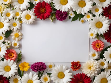a sheet of white paper surrounded by various kinds of colorful flowers with unique colors. suitable for invitations and accessories that require a beautiful and beautiful appearance. photo