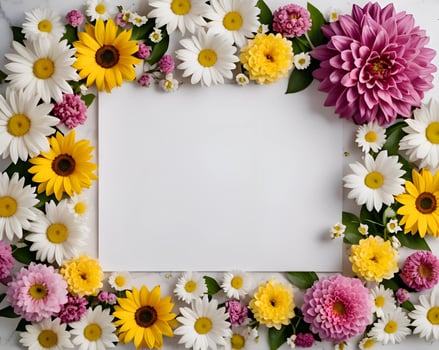 a piece of white paper surrounded by various colorful and beautiful flowers. suitable for invitations and accessories that require a beautiful and beautiful appearance. photo