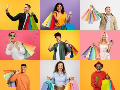 A vibrant collage featuring diverse individuals happily shopping with colorful bags during Black Friday. Each person shows excitement and satisfaction with their purchases in a lively setting. photo