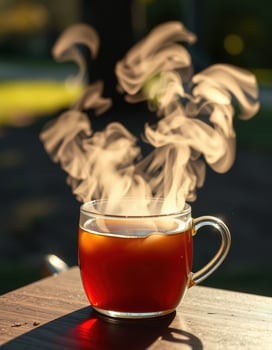 Hot tea steaming in a clear glass cup placed on a wooden table during a sunny afternoon outdoors photo