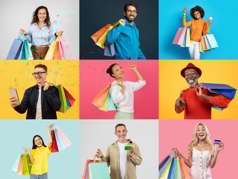 Groups of happy people showcase vibrant shopping bags while celebrating discounts during a busy sale event. Their joy reflects the excitement of finding great deals during the shopping rush. photo