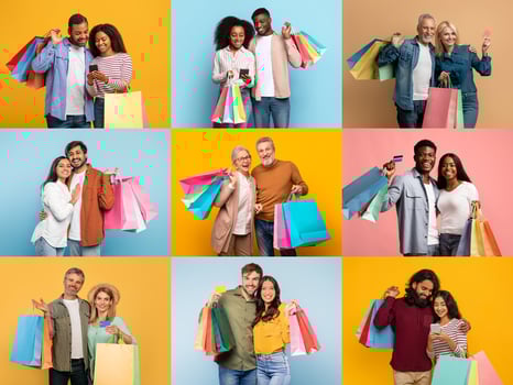 A group of diverse shoppers is celebrating their finds during a Black Friday sale, showcasing colorful shopping bags and smiles against bright, playful backgrounds. photo