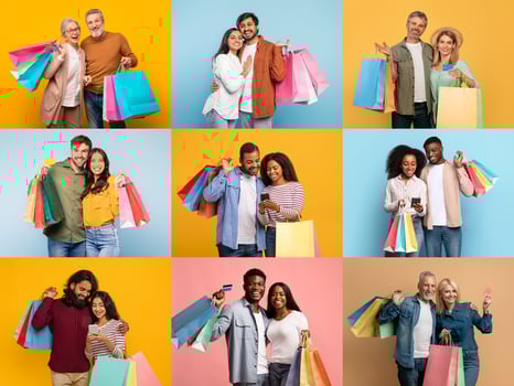 Groups of people smile and celebrate while carrying colorful shopping bags during a vibrant sale event. The atmosphere is lively with joy and excitement among shoppers of different ages. photo