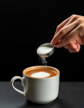Pouring sugar into a cup of freshly brewed coffee with a cream swirl on a dark background photo