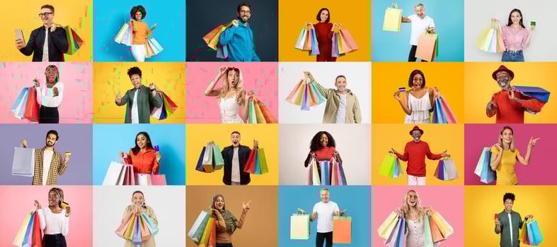 A vibrant collection of people engaging in shopping, showcasing excitement as they hold colorful bags. This collage captures the spirit of consumerism during seasonal discounts. photo