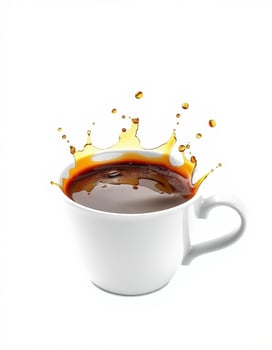 Coffee splashes from a white cup on a clean background during an afternoon break photo