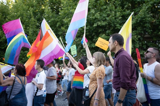 Group of homosexual people holding rainbow flags at pride parade photo