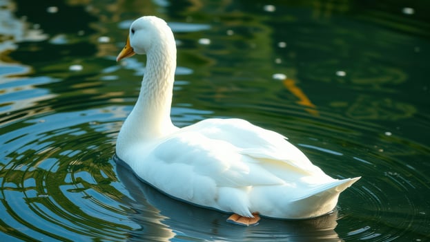 White duck gliding peacefully across tranquil pond water in a serene natural setting photo