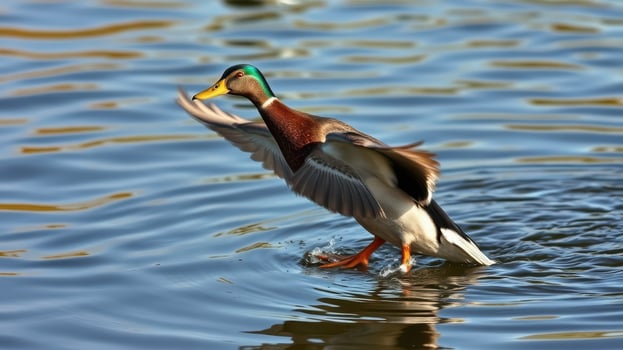 Duck flapping wings while swimming in tranquil water at a serene lake during sunny day photo