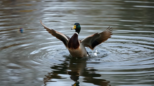 Duck spreads its wings while swimming in a serene lake during a calm morning photo