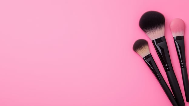 Makeup Brushes and Compact Powder on Pink Background with Copy Space for Beauty and Fashion Concepts photo