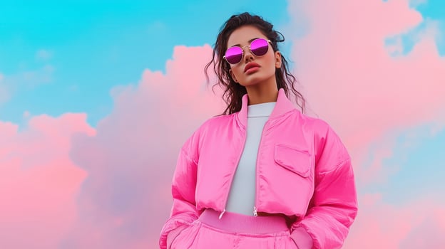 Woman in Holographic Jacket and Pants Posing With Hands in Trendy Pink Outfit Against Cloudy Sky With Sunglasses photo
