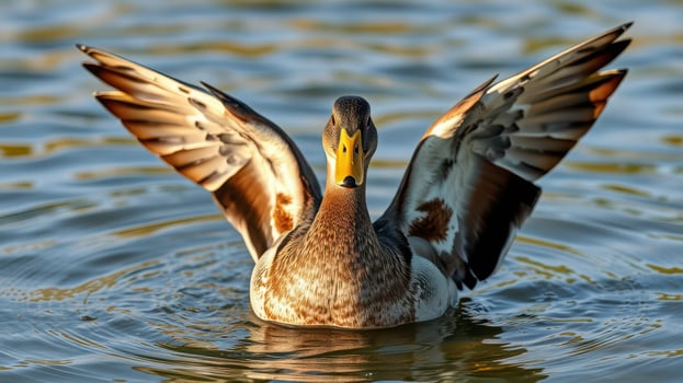 Duck flapping wings in calm water during golden hour sunlight photo