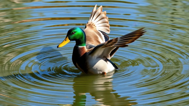 Male mallard duck flapping wings in calm water during sunny day at park photo