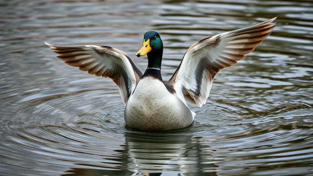 Duck flapping wings on tranquil water in a natural setting photo