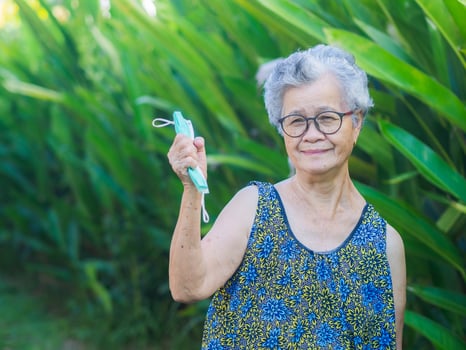 Portrait of a senior woman holding a medical mask while standing in the garden photo