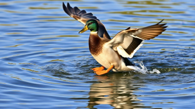 Duck flapping wings while swimming in a serene lake during early morning sunlight photo