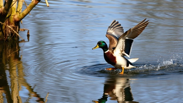 Mallard duck takes flight from a serene pond in the early morning light photo