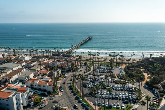 Stunning aerial view of San Clemente California coastline with pier and vibrant beach life photo