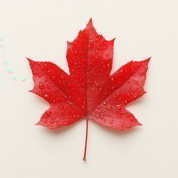 bright red autumn leaf with dewdrops glistening beautifully photo