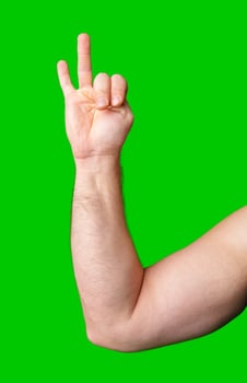 A hand making a peace sign with a clear green background photo