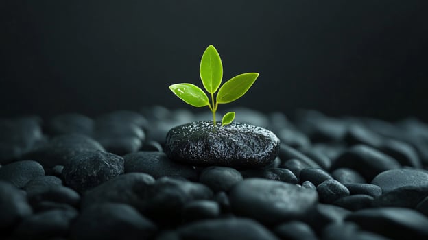 A small green plant is growing on a rock photo