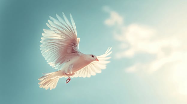 A white bird with its wings spread out is flying in the sky photo