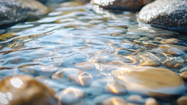 The water is clear and calm, with small rocks scattered throughout photo