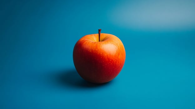 A red apple sits on a blue background photo