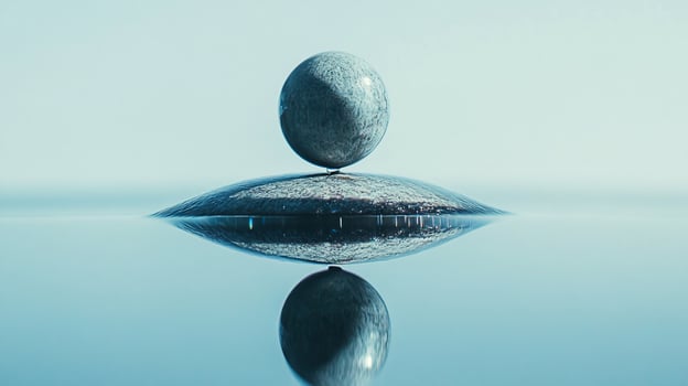 A large rock is balanced on top of a smaller rock in a body of water photo