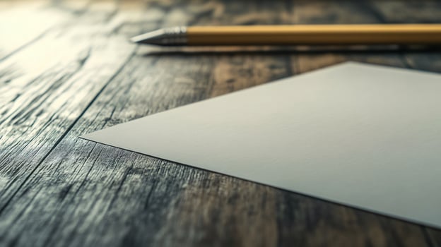 A pencil and a piece of paper are on a wooden table photo