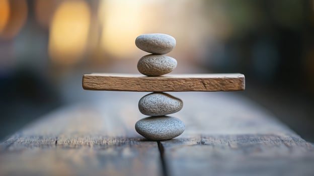 A stack of four rocks on top of a wooden board photo