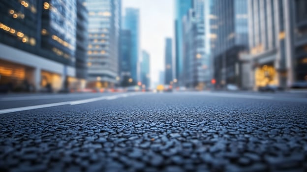 A city street with a blurry background and a few cars photo