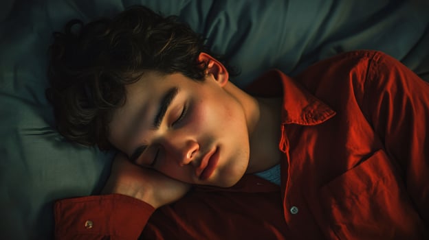 A man is sleeping on a bed with a red shirt on photo