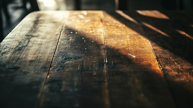 A wooden table with a shadow on it photo